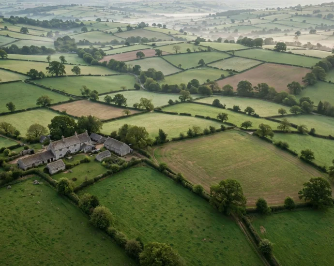 Aerial view of rolling green English farmland with hedgerows and a stone farmhouse