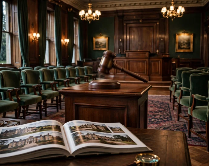 Auction gavel striking a podium in an elegant British property auction room