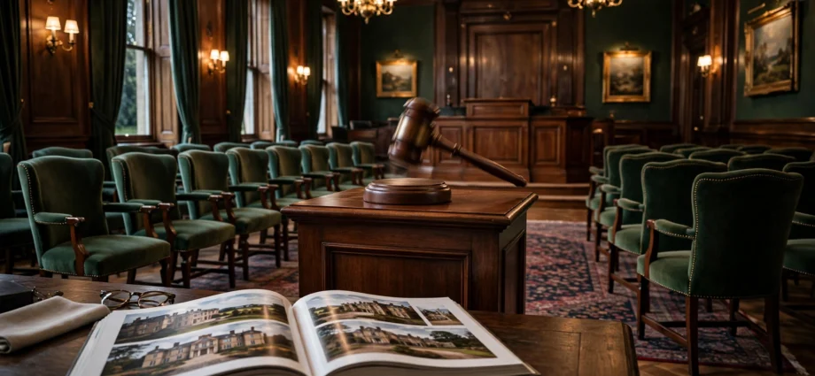 Auction gavel striking a podium in an elegant British property auction room