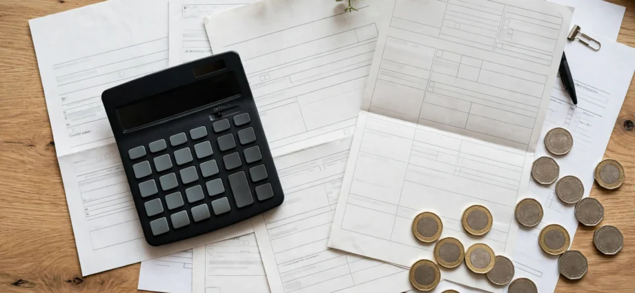 Calculator, UK tax documents and British pound coins on a desk
