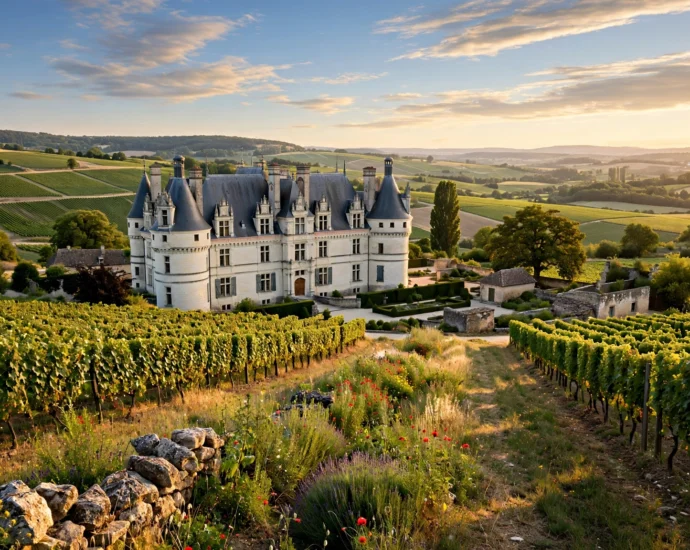 Classic French chateau surrounded by vineyards in the Loire valley at golden hour