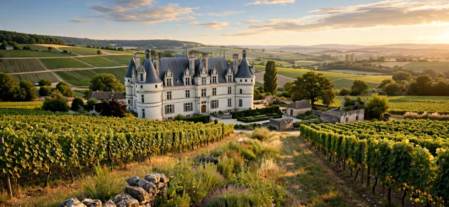 Classic French chateau surrounded by vineyards in the Loire valley at golden hour