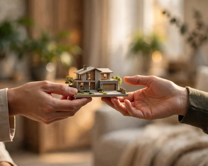 Two hands passing a miniature model of a luxury house in warm light