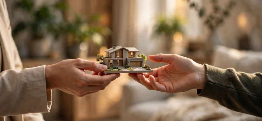 Two hands passing a miniature model of a luxury house in warm light