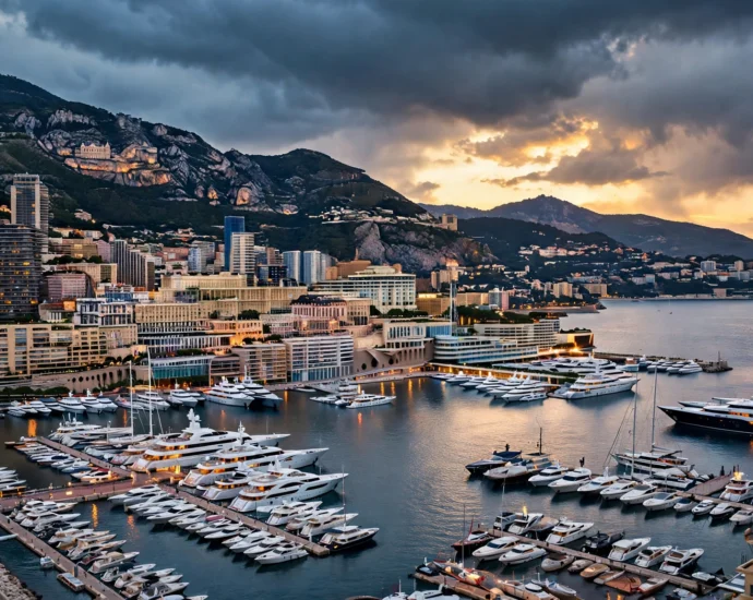 Monaco harbour at dusk with luxury yachts and the Monte Carlo skyline