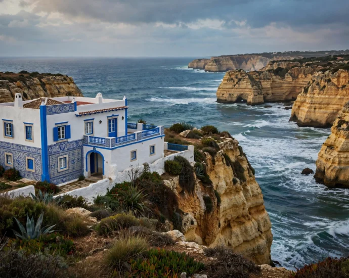 Traditional Portuguese villa with blue trim above Algarve coastal cliffs