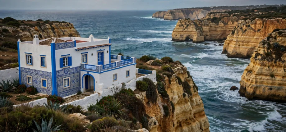Traditional Portuguese villa with blue trim above Algarve coastal cliffs