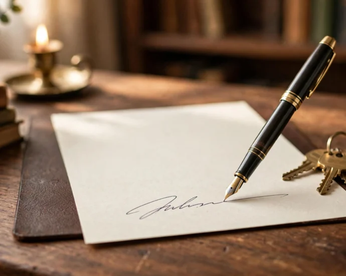 Fountain pen signing a legal document beside brass house keys on a wooden desk