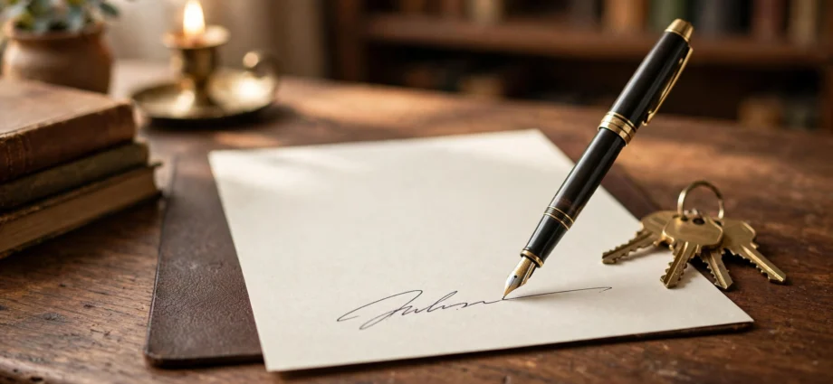Fountain pen signing a legal document beside brass house keys on a wooden desk