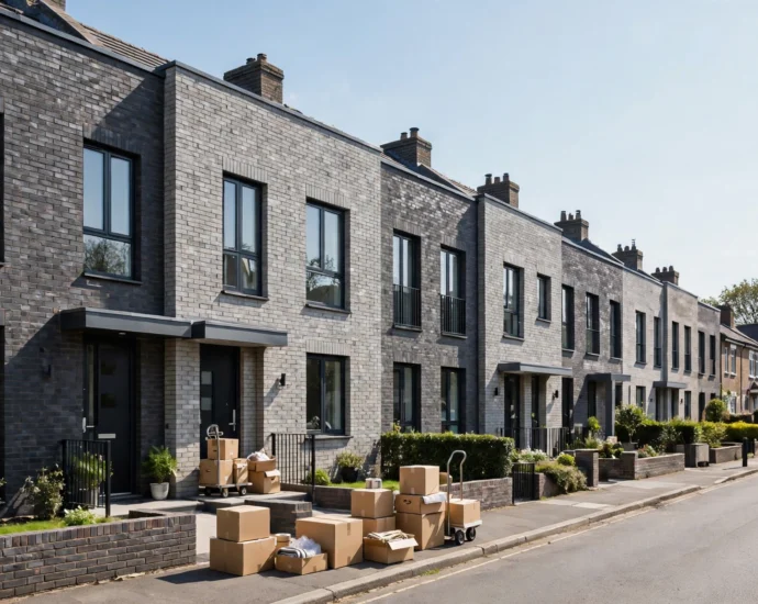 Row of modern British terraced houses on a sunny suburban street with moving boxes