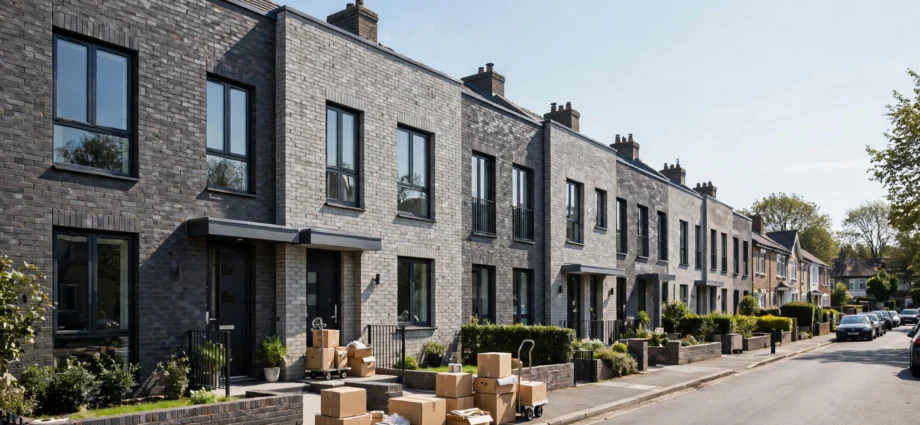 Row of modern British terraced houses on a sunny suburban street with moving boxes