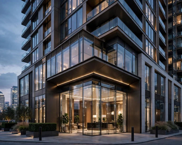 Modern luxury London apartment building with lit lobby and concierge entrance at dusk