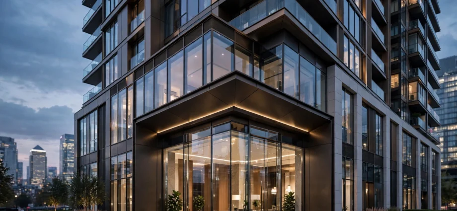 Modern luxury London apartment building with lit lobby and concierge entrance at dusk
