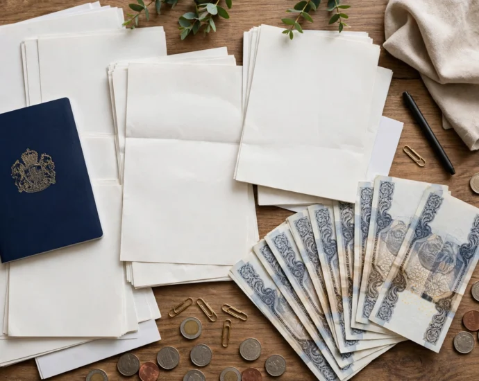 Passport, bank documents and British pound notes arranged on a desk