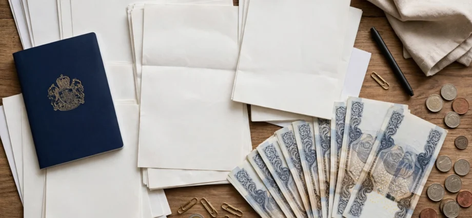 Passport, bank documents and British pound notes arranged on a desk