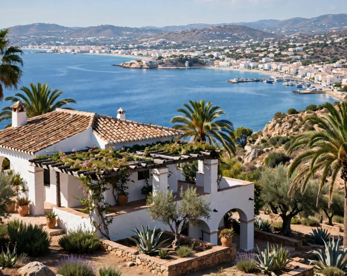Whitewashed Spanish villa with terracotta roof overlooking the Mediterranean sea